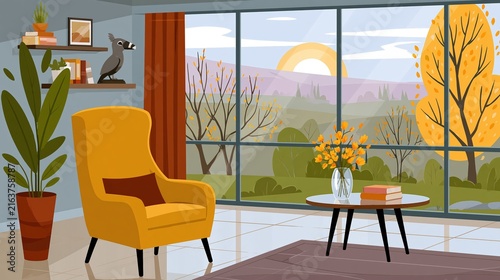 Comfortable armchair by large window with autumn landscape view.