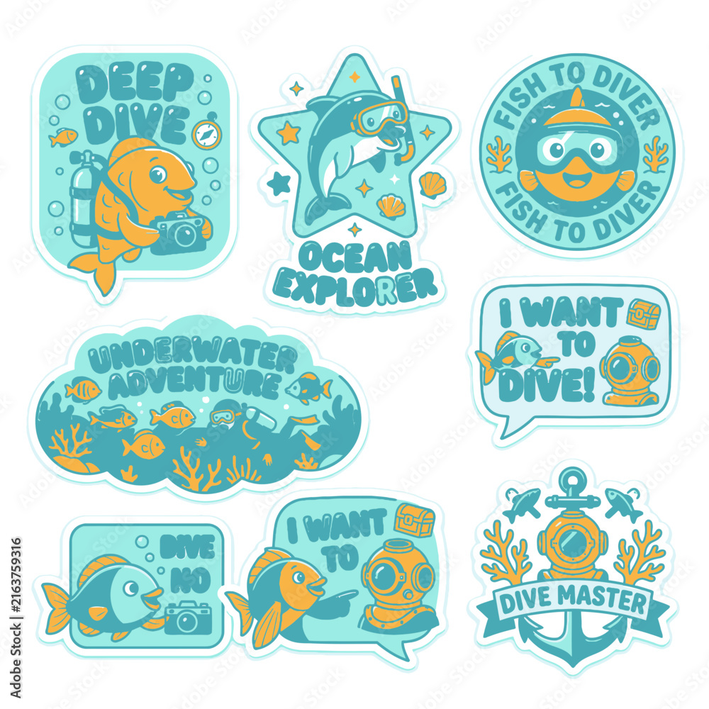 Naklejka premium Collection of scuba diving and ocean exploration stickers.
