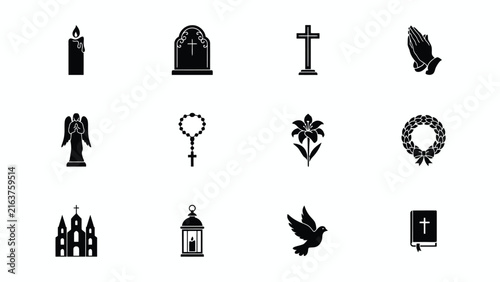 Elegant black and white religious symbols icon set for spiritual designs with minimalist collection twelve distinct religious icons grid with prayerful