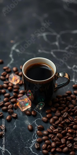 Coffee cup surrounded by glowing crystals and scattered coffee beans on dark marble surface, mysterious, coffee break