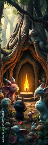 Whimsical forest creatures gather around a mysterious ancient tome, illustration, old