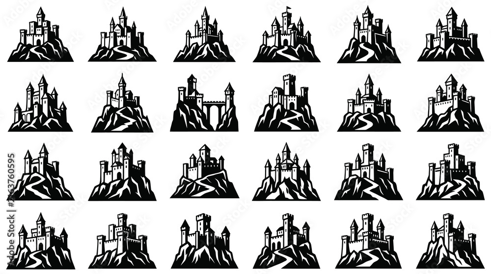 Fototapeta premium Black and White Castle and Fortress Silhouette Vector Glyphs Set - Medieval Fantasy Architecture