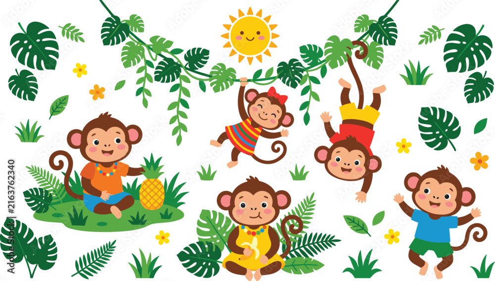 Fototapeta premium Cute jungle monkey character vector icon set with cartoon little chimps hanging on vines playing with tropical leaves