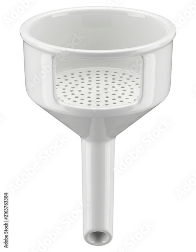 White ceramic laboratory filtration funnel for scientific chemistry research cutout on transparent background