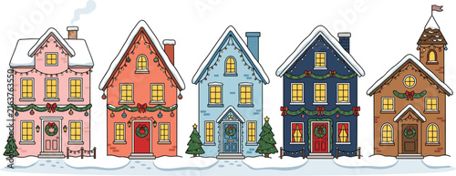 Cute Christmas Village House Set with Hand Drawn Colorful Cozy Winter Buildings Decorated with Lights Garlands and Snow for Festive Seasonal Designs