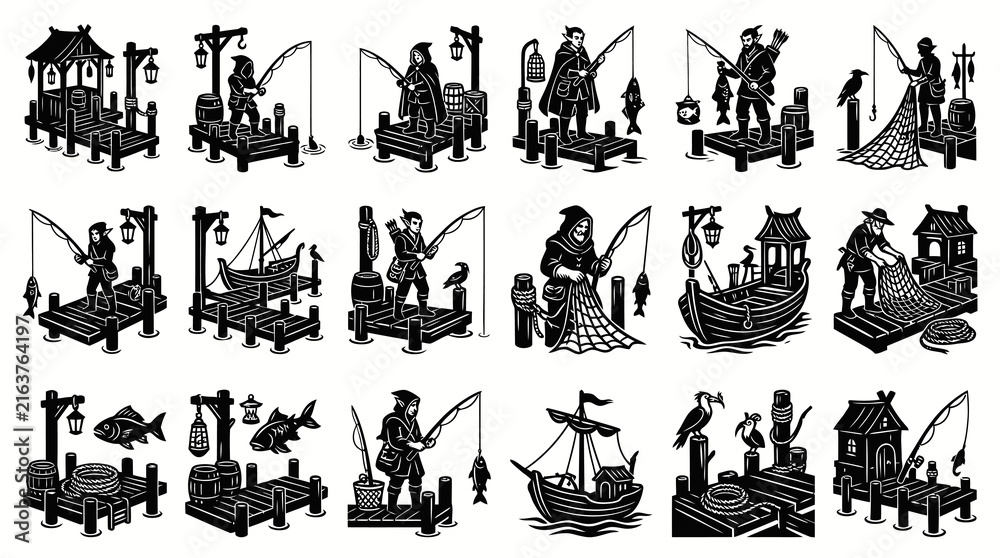 Fototapeta premium Vintage Fishing Woodcut Style Illustrations: Fishermen, Angling, Docks Boats in Black and White Art