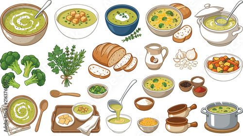 Healthy broccoli soup vector illustration set with cream, bread croutons, fresh herbs, and cooking ingredients for autumn menu design and recipes.