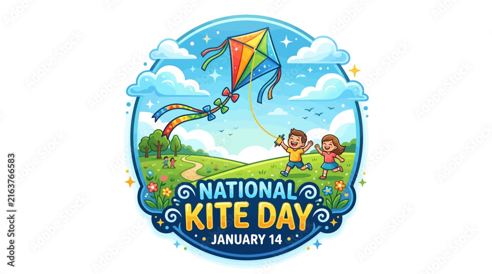 Naklejka premium Cheerful Children Flying a Vibrant Kite in a Sunny Outdoor Park, Celebrating National Kite Day with Playful Vector Illustration