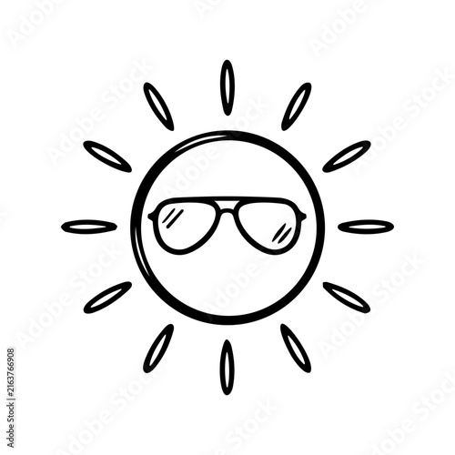 A black and white line art illustration of a cool sun wearing sunglasses. This minimalist doodle style icon is perfect for summer, vacation, and weather designs with an isolated background.