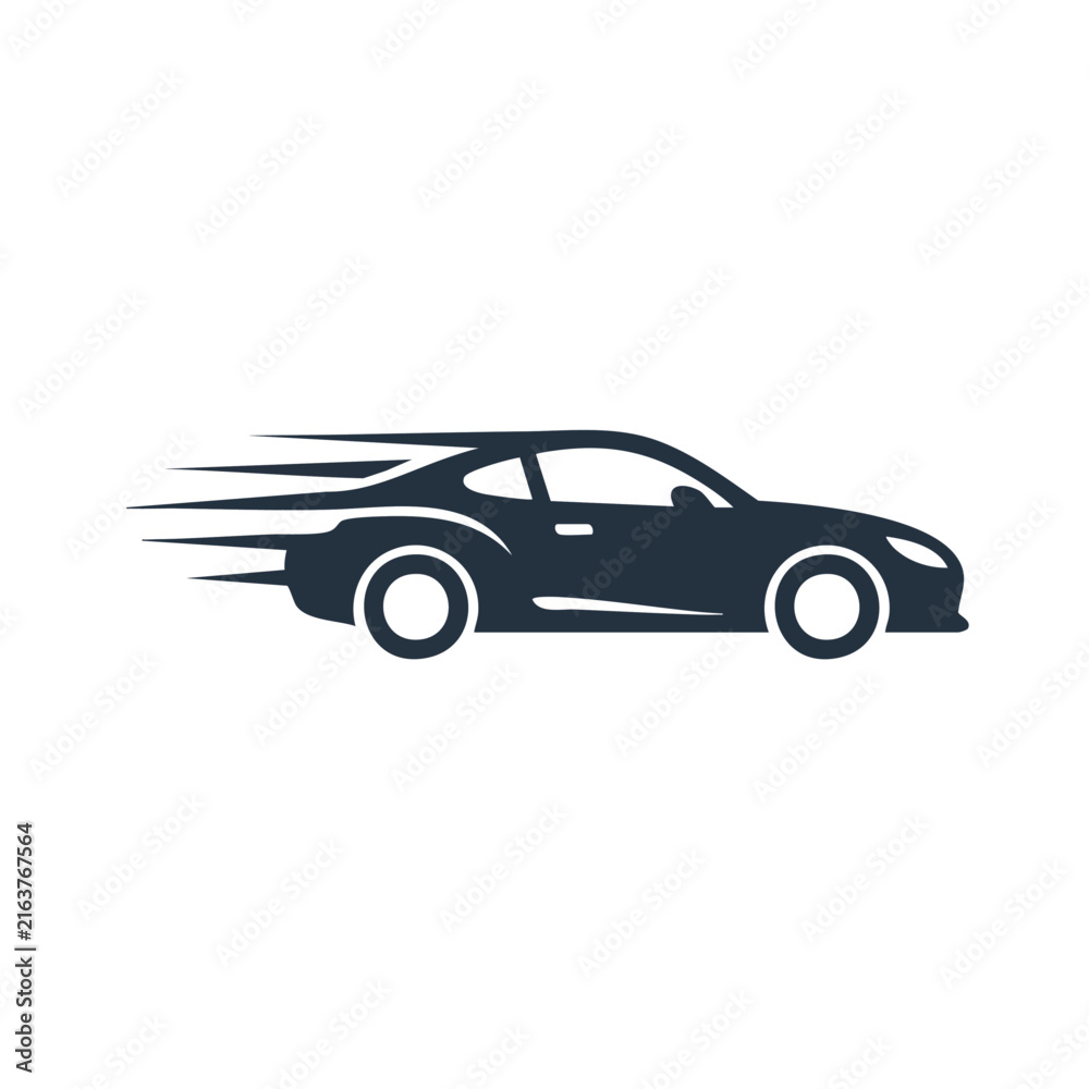 Naklejka premium Fast moving sports car vector silhouette icon.