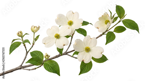 Fotografie Branch with white dogwood flowers and green leaves isolated on png transparent b
