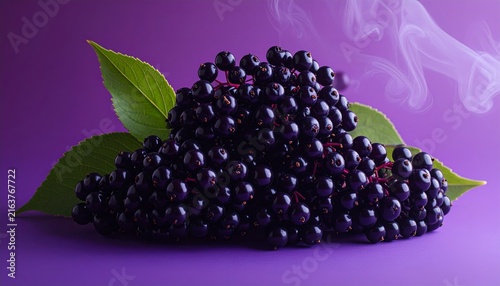 Freshly picked dark elderberries with green leaves on a vibrant purple background, enhanced by a subtle smoky effect.