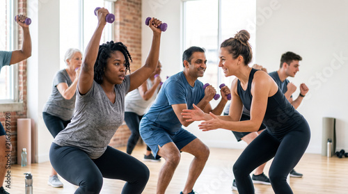 Group fitness class with dumbbells