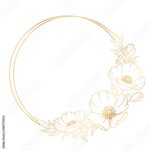 Golden round frame with poppies. Hand-drawn vector illustration for your design on a white background.