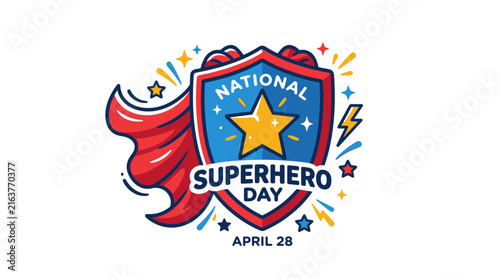 National Superhero Day Celebration Badge Illustration Featuring a Heroic Shield Emblem and Red Cape Graphic Design Vector Icon