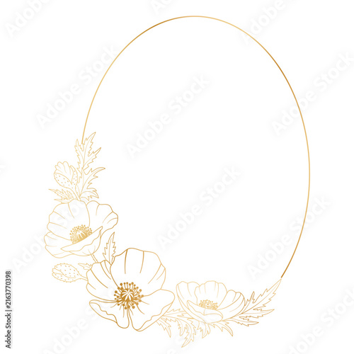 Golden oval frame with poppies. Vector illustration in a botanical style on a white background. Hand-drawn vector illustration for your design.