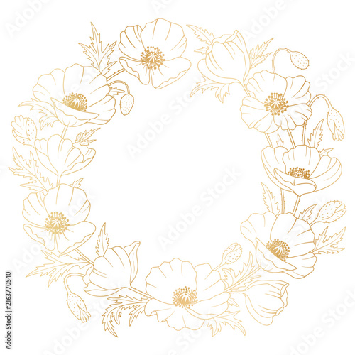Golden wreath of poppies in botanical line art. Hand drawn vector illustration for your design on a white background.