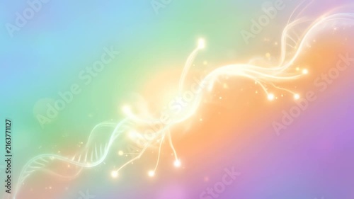 Soft gradient energy background with glowing light strands, sparkles, flowing wave, and DNA particles creating vibrant dynamic