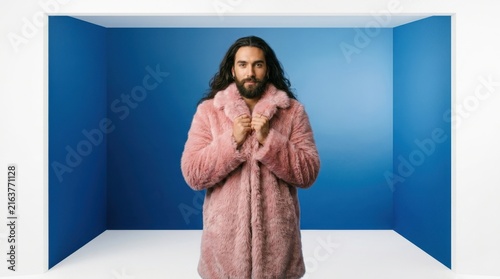 Stylish man with long hair and beard wearing a fluffy pink coat standing in a studio with a blue wall background