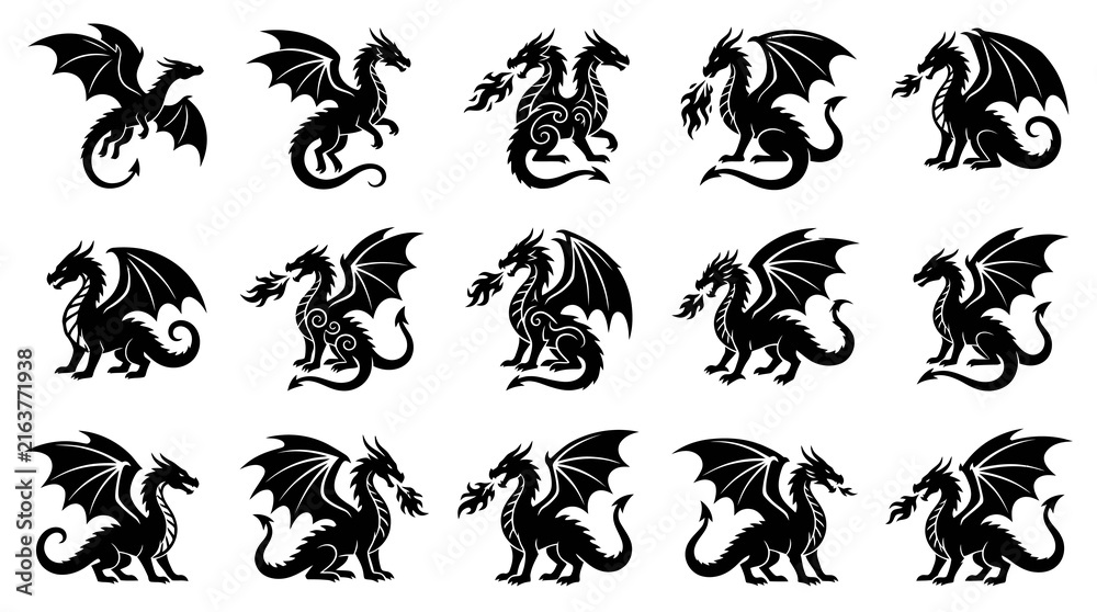 Obraz premium Mythological Fantasy Dragons Silhouettes Vector Icons Set. Legendary Creatures Collection.