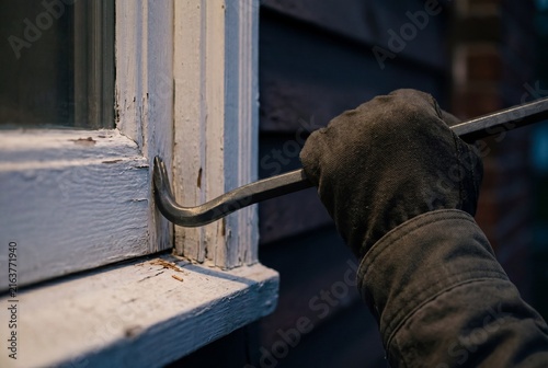 Criminal Hand Using Crowbar to Break Into Residential Home Window at Night