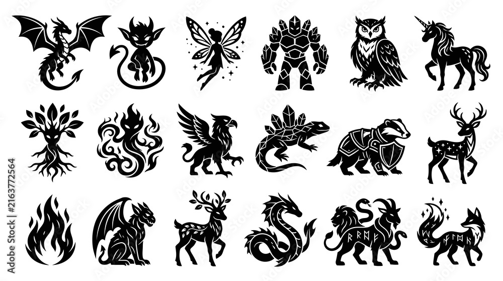 Fototapeta premium Fantasy Creatures and Magic Symbols Black White Glyph Set. Mythology, Mystical Animals Vector Icons.