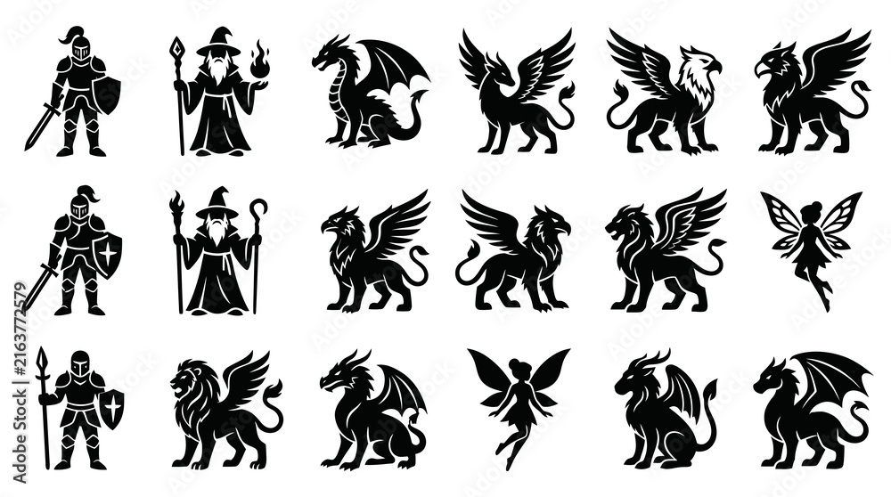 Obraz premium Fantasy RPG Creatures and Characters Glyph Vector Icons. Medieval Knight, Wizard, Dragon, Griffin, Fairy Silhouette Set.