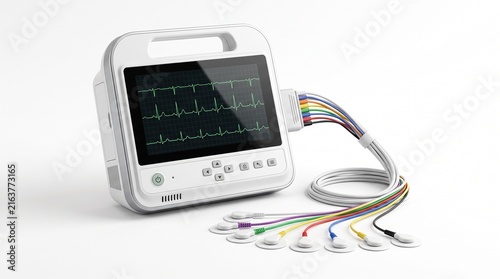 Fotografie Medical patient monitor device with heart rate screen display and colorful leads