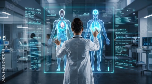 Doctor examining patient medical data on futuristic holographic screen in hospital, analyzing body scan and vital signs with advanced healthcare technology, digital medicine