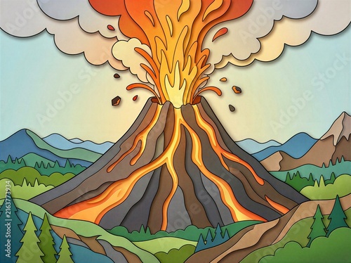 Paper Cut Volcano Eruption Illustration – Exploding Mountain with Flowing Lava and Forest Landscape