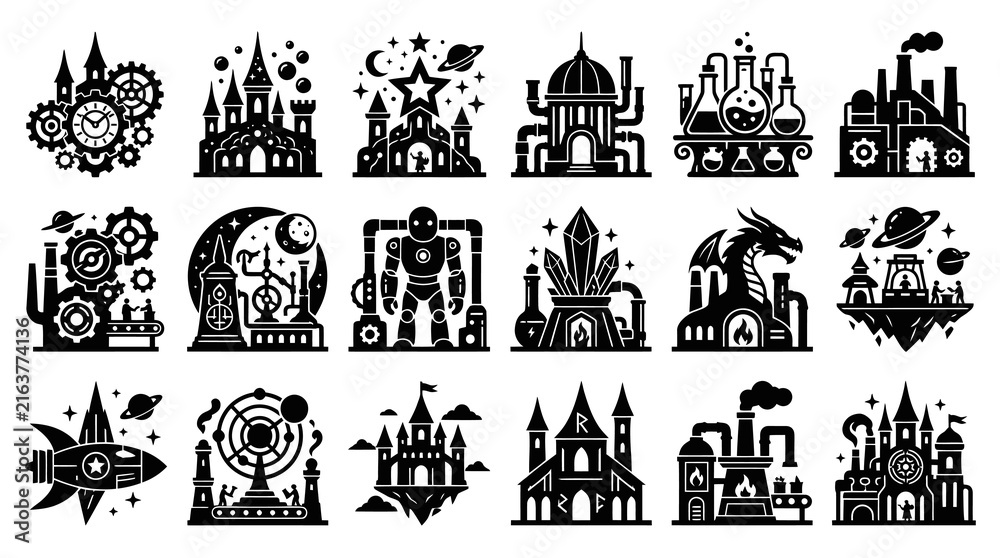 Fototapeta premium Steampunk Icons: Castles, Robots, Dragons, Rockets, Factories, Alchemy