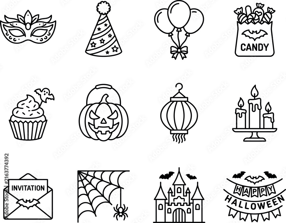 Fototapeta premium Halloween Line Icons Set On White Background Featuring Masks And Treats