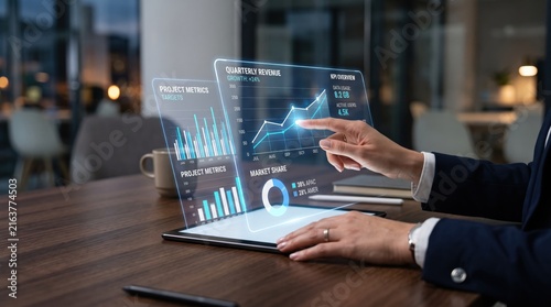 Professional analyzing quarterly revenue growth charts and market share data on holographic tablet display in office.