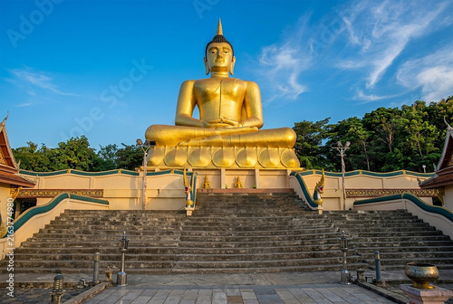 Canvas Print Large golden Buddha statue sitting on hilltop against blue sky in Pakse Laos