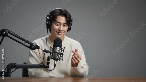 Young man recording podcast with professional equipment in studio