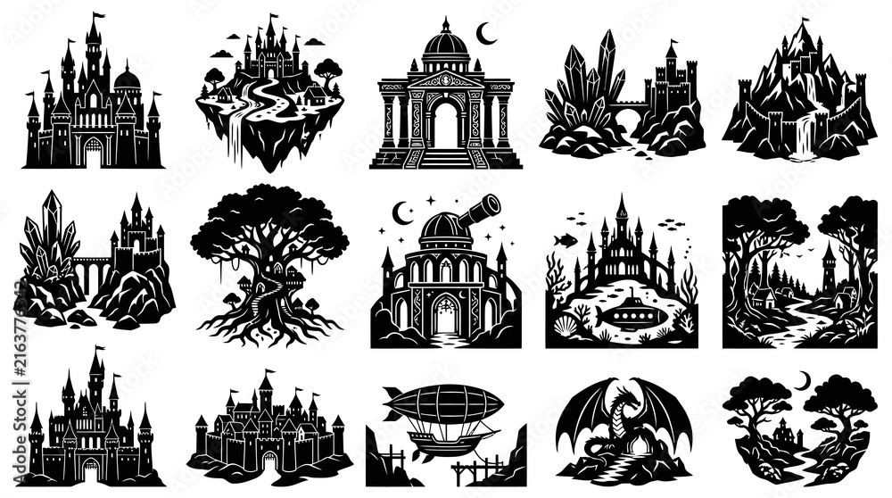 Fototapeta premium Black White Fantasy Castles, Mountains, Dragon, Airship Vector Set