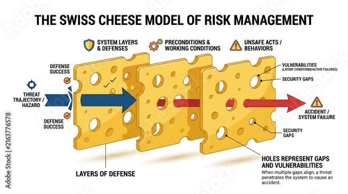 Swiss cheese model of risk management diagram showing multiple layers of defense with security gaps and threat trajectory