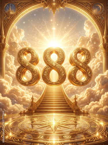 Majestic golden staircase with floating numbers surrounded by ethereal clouds and light