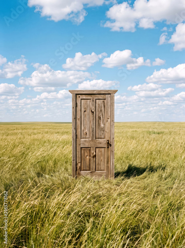 A solitary wooden door set amidst vibrant green grass beneath a clear blue sky