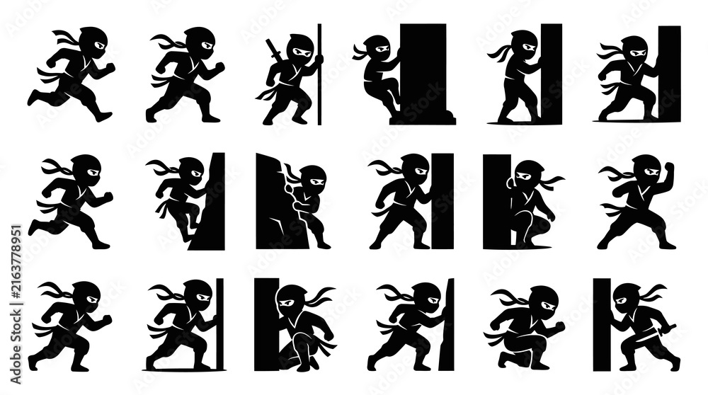 Obraz premium Black and White Silhouette Ninja Character Poses Icon Set for Martial Arts, Stealth, and Action Gaming