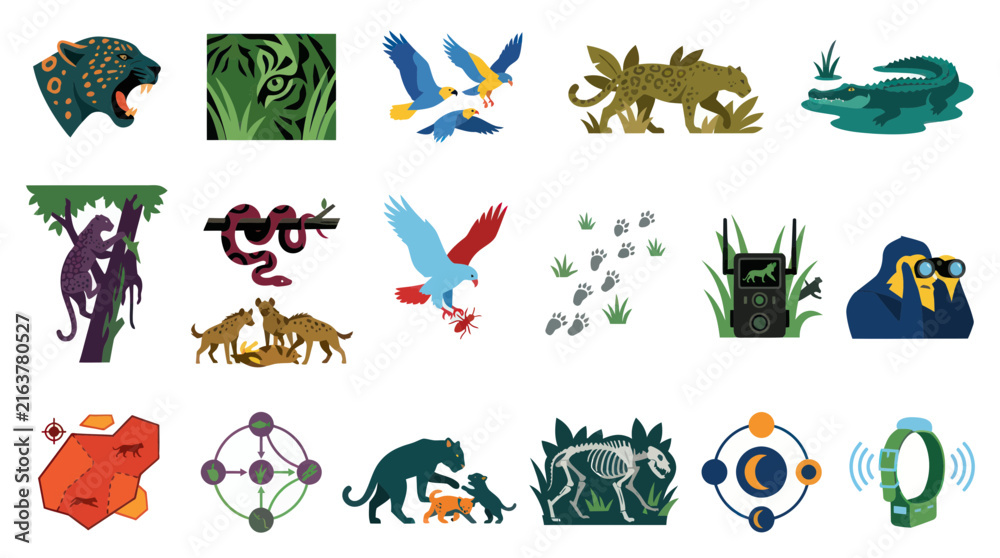 Fototapeta premium Wildlife Conservation and Research Flat Vector Icons Set: Animals, Tracking Devices, Ecosystems