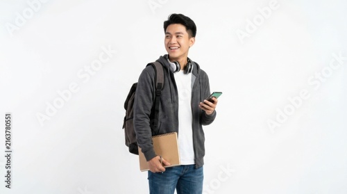 Happy asian male student holding a smartphone and notebook with a backpack isolated on white