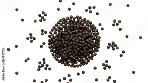 Black peppercorns scattered on white background for spice and seasoning product packaging design