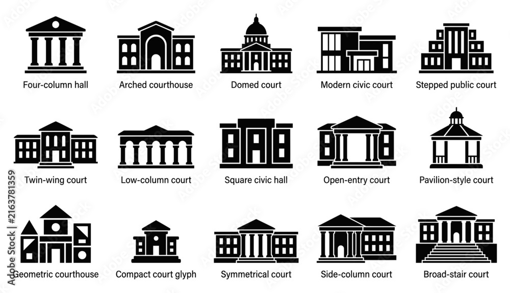Obraz premium Set of fifteen black and white courthouse and civic building icons with various architectural styles and designs