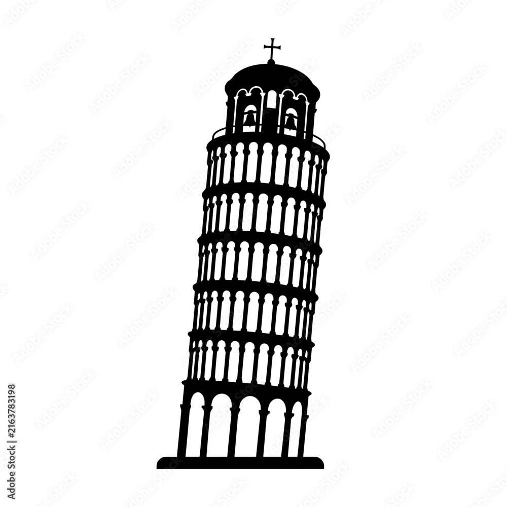 Obraz premium Leaning Tower of Pisa represented in a black vector silhouette graphic.