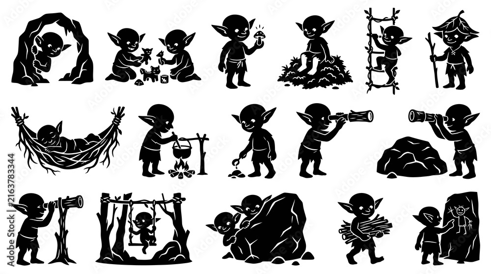 Fototapeta premium Fantasy Goblin Character Glyph Silhouettes - Whimsical Nature Adventure and Playful Imp Activities Set