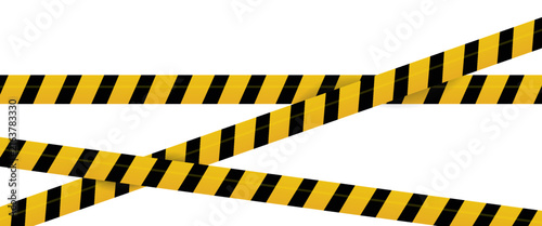 Warning tape with yellow and black diagonal stripes. Warn stop seamless line. Yellow and black caution tape border.
