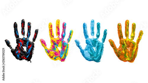 Vibrant painted handprints in rainbow colors on transparent background for creative projects