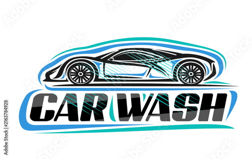 Vector logo for Car Wash, horizontal sign board with blue contour illustration of modern super car, placard with hand drawn washing sport vehicle and decorative lettering car wash on white background