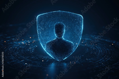 Abstract digital human silhouette protected by a glowing blue shield